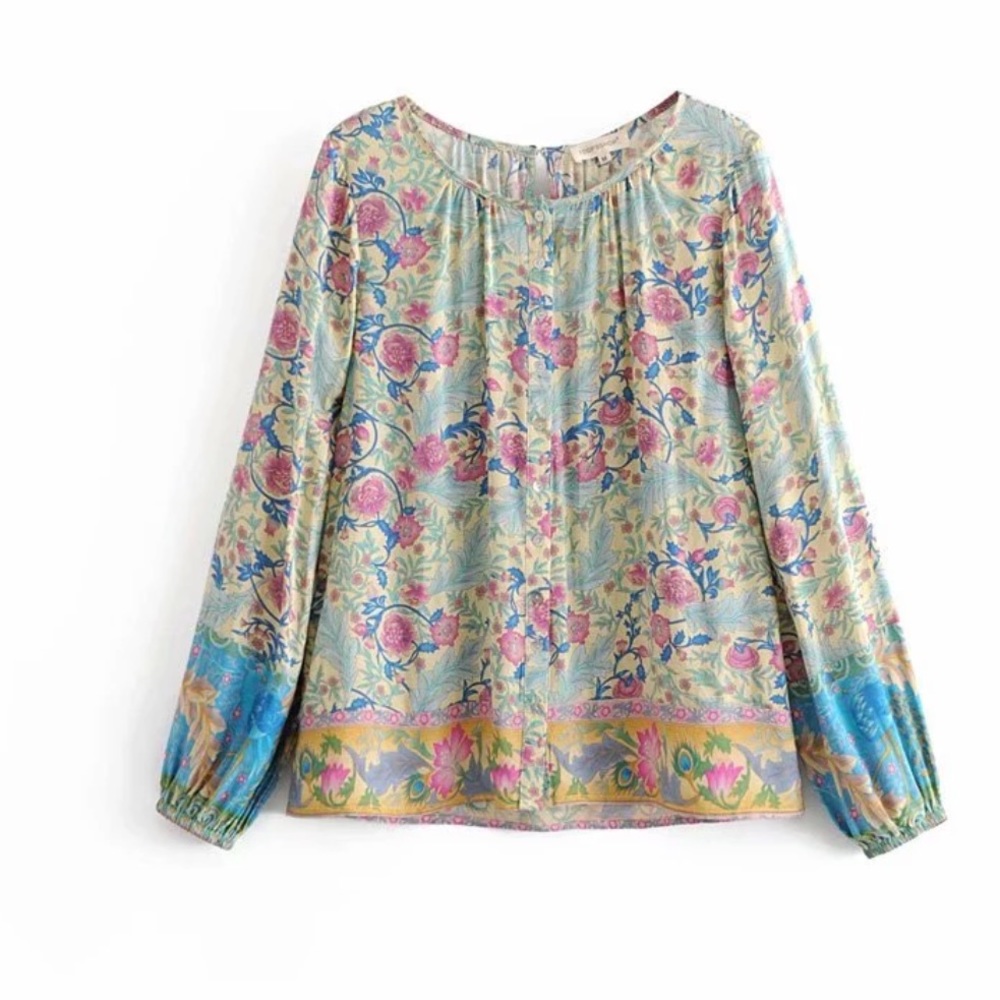 Gypsy Boho Oasis Floral Blouse Buttons Peasant S floral free spirit colorful top